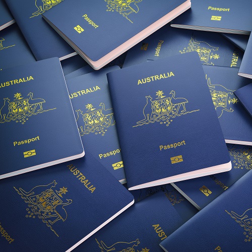 Passports of Australia background. Immigration or travel concept. Pile of australian passports. 3d illustration